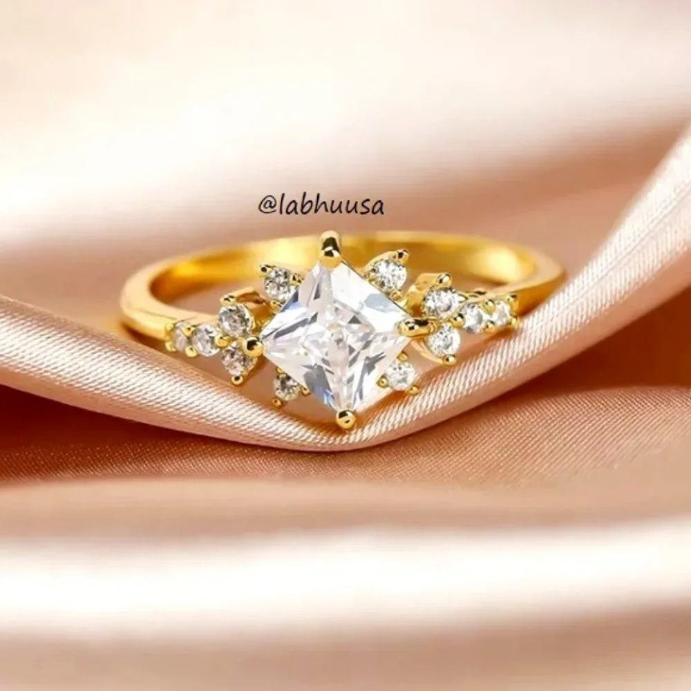😍GORGEOUS MEN/WOMEN SQUARE DIAMOND💎18K GOLD FLOWER PRINCESS RING, LDMCM074-6